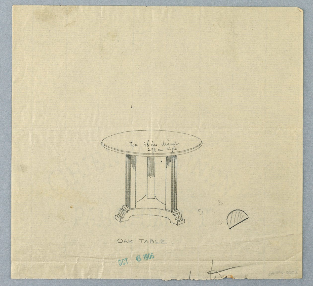 Tekening, Ontwerp voor een kleine ronde eiken tafel met vierkante gefluteerde poten door Unknown
