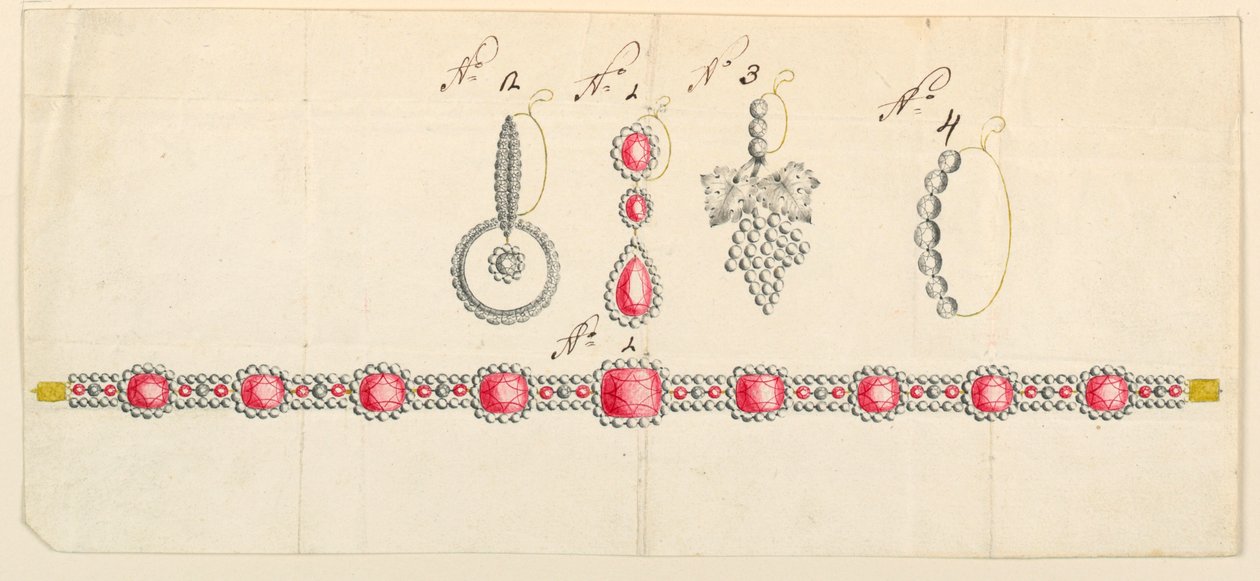Tekening, Ontwerpen voor een ketting en vier oorbellen door Unknown