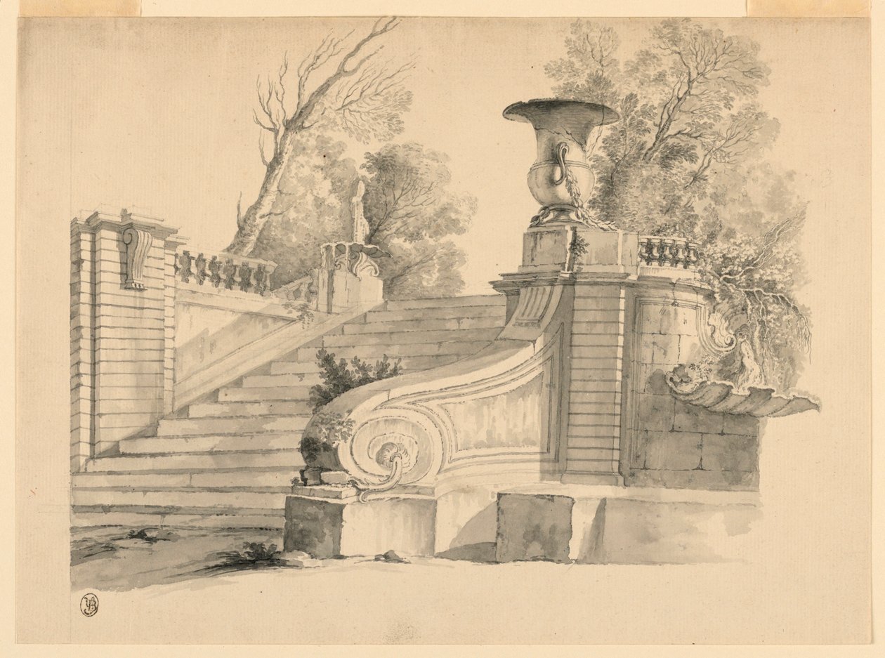 Tekening, fantasie. Een trap in een park, in ruïnes door Unknown