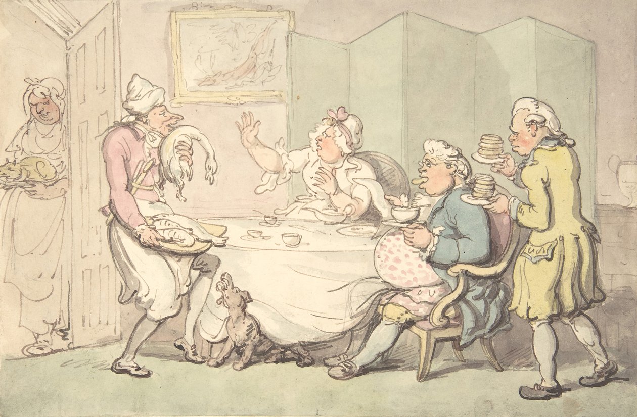 Een paar aan tafel met bedienden, 18e-19e eeuw door Unknown,Unknown.