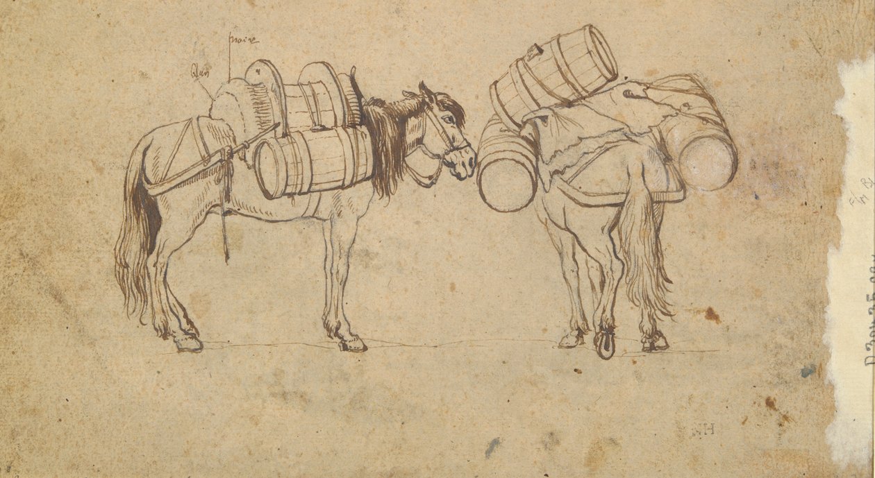 Een uitzicht op de Tiber bij de Ripa Grande, Rome (recto); Studie voor twee paarden die vaten dragen (verso) door Unknown