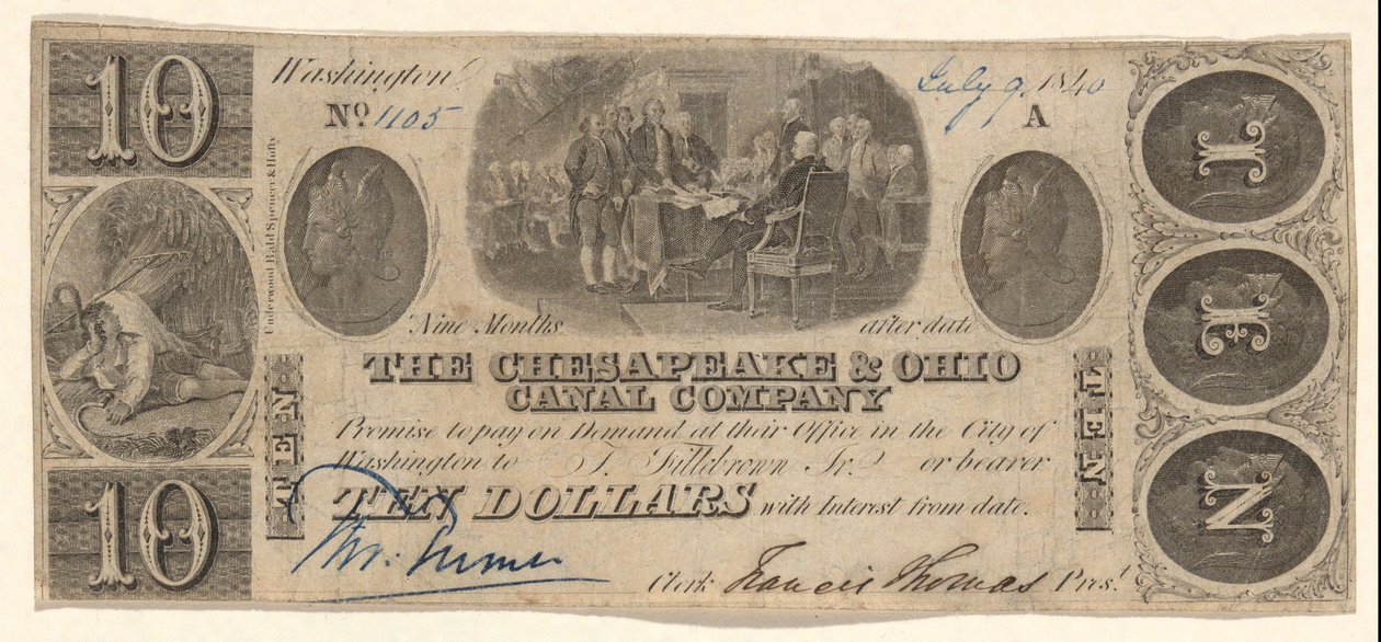 Bankbiljet voor $10 uitgegeven door The Chesapeake and Ohio Company met vignette proef van Trumbull door Unknown