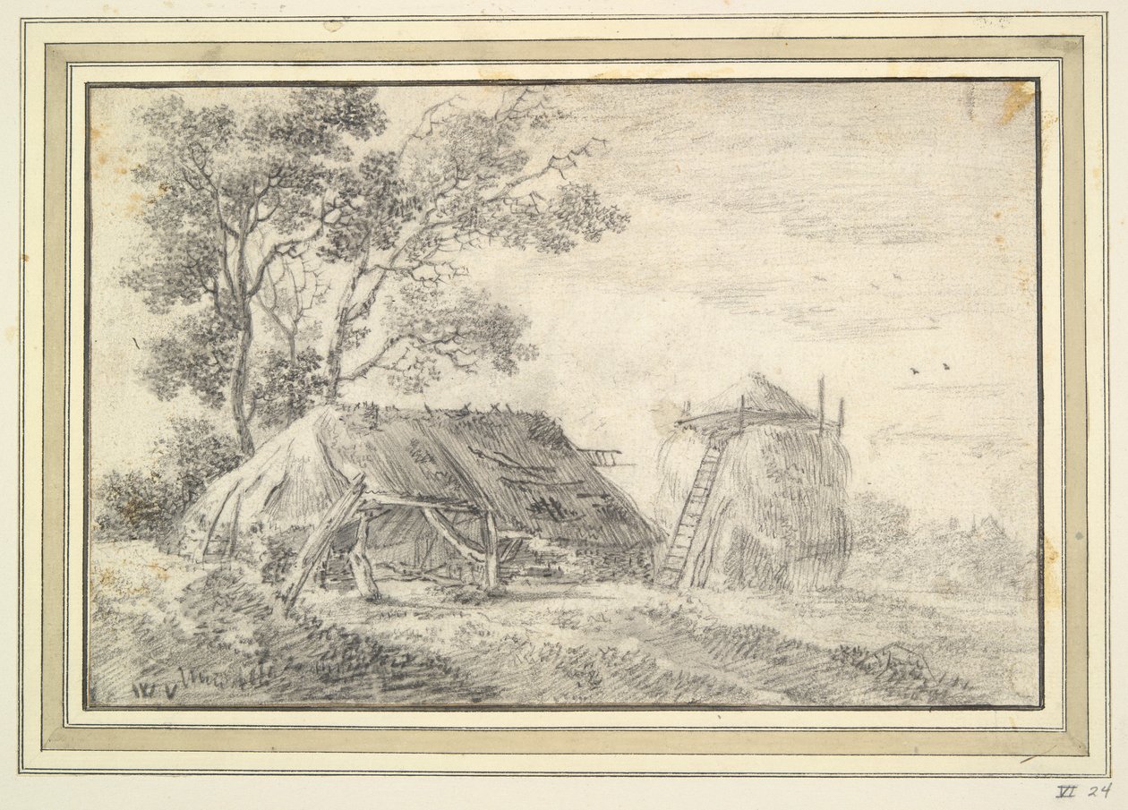 Schuur en hooiberg door Unknown