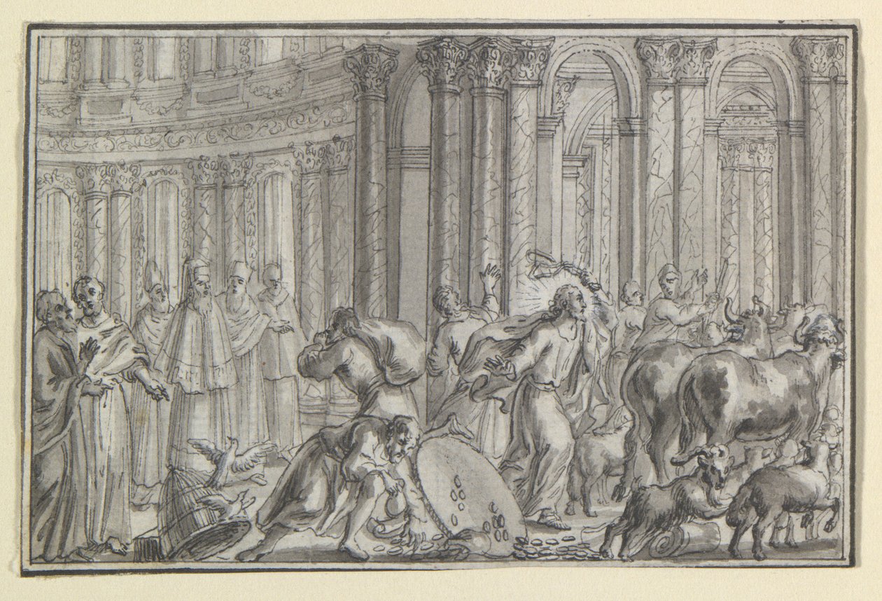 Christus verjaagt de geldwisselaars uit de tempel, een van vier scènes uit het leven van Christus door Unknown
