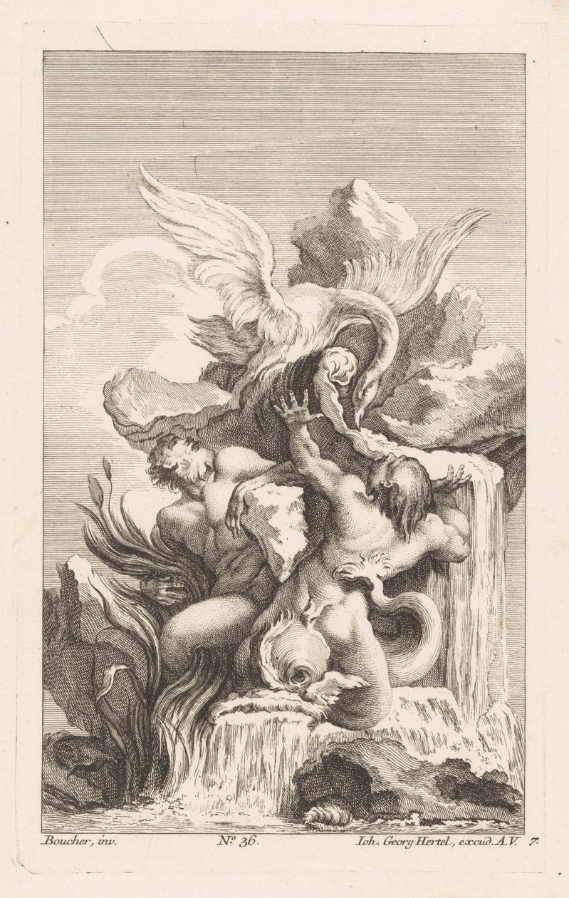 Fontein met zwaan en mannen door Unknown