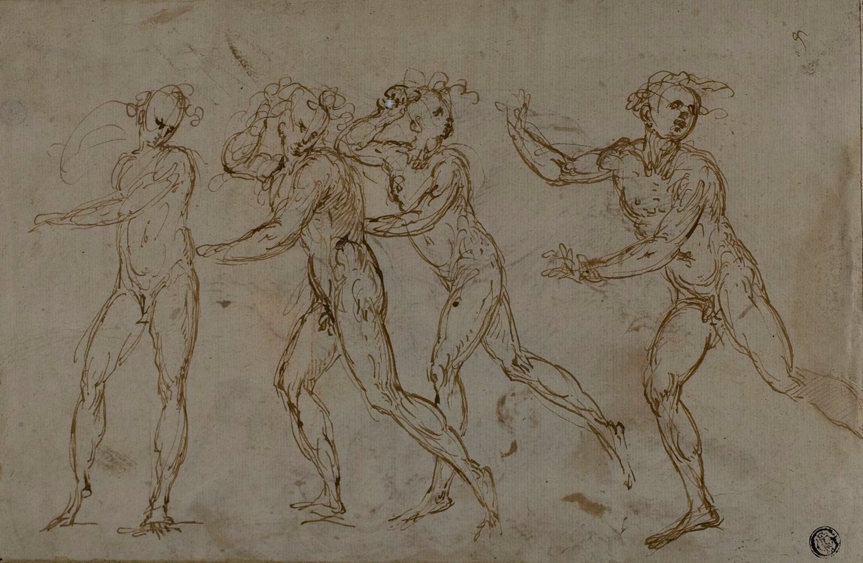 Vier Rennende Mannelijke Naakten (recto); Heilige Familie met de Jonge Johannes de Doper (verso) door Unknown
