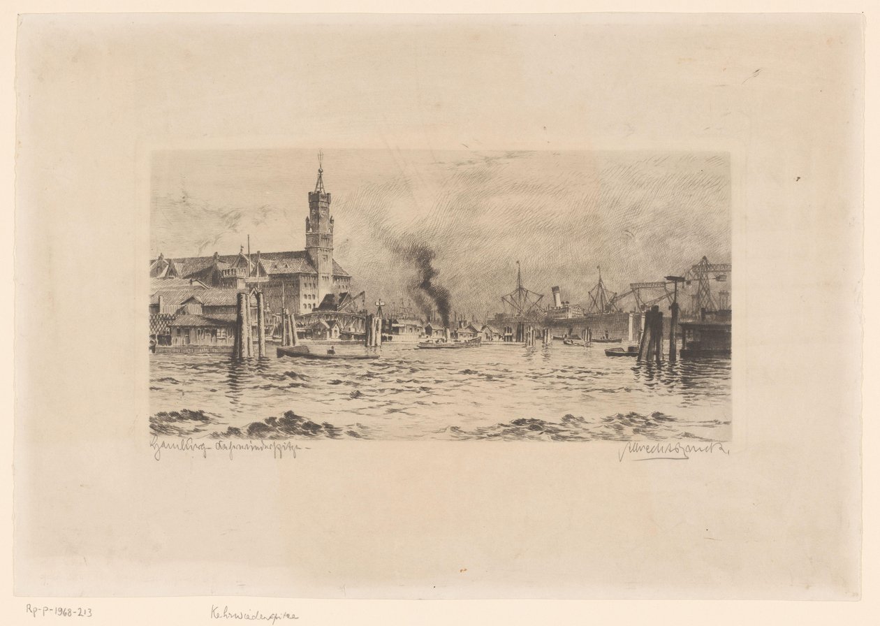 Gezicht op de Kehrwiederspitze en een kerk, te Hamburg door Unknown