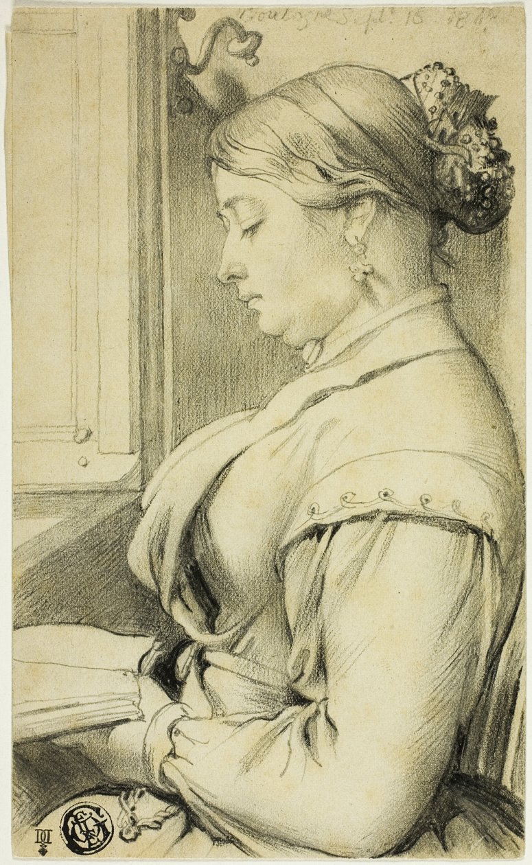 Portret van een vrouw op halve lengte (van voren naar links) lezend bij een raam van een opera door Unknown