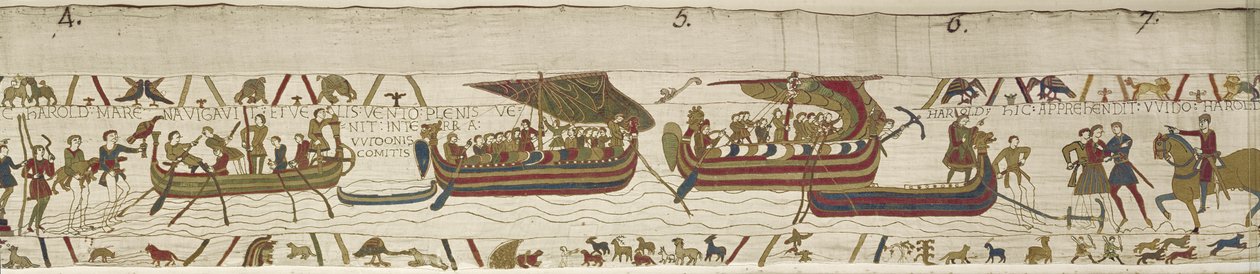Harold steekt het Kanaal over naar het gebied van Guy, graaf van Ponthieu, waar hij wordt gevangengenomen, Bayeux Tapestry door Unknown