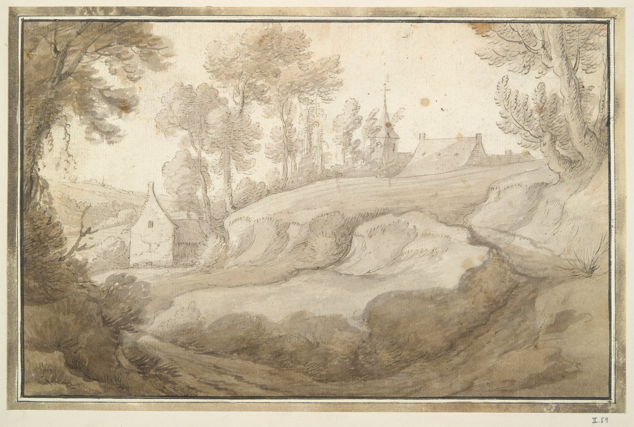 Heuvelachtig landschap met huis en kerk in de verte door Unknown