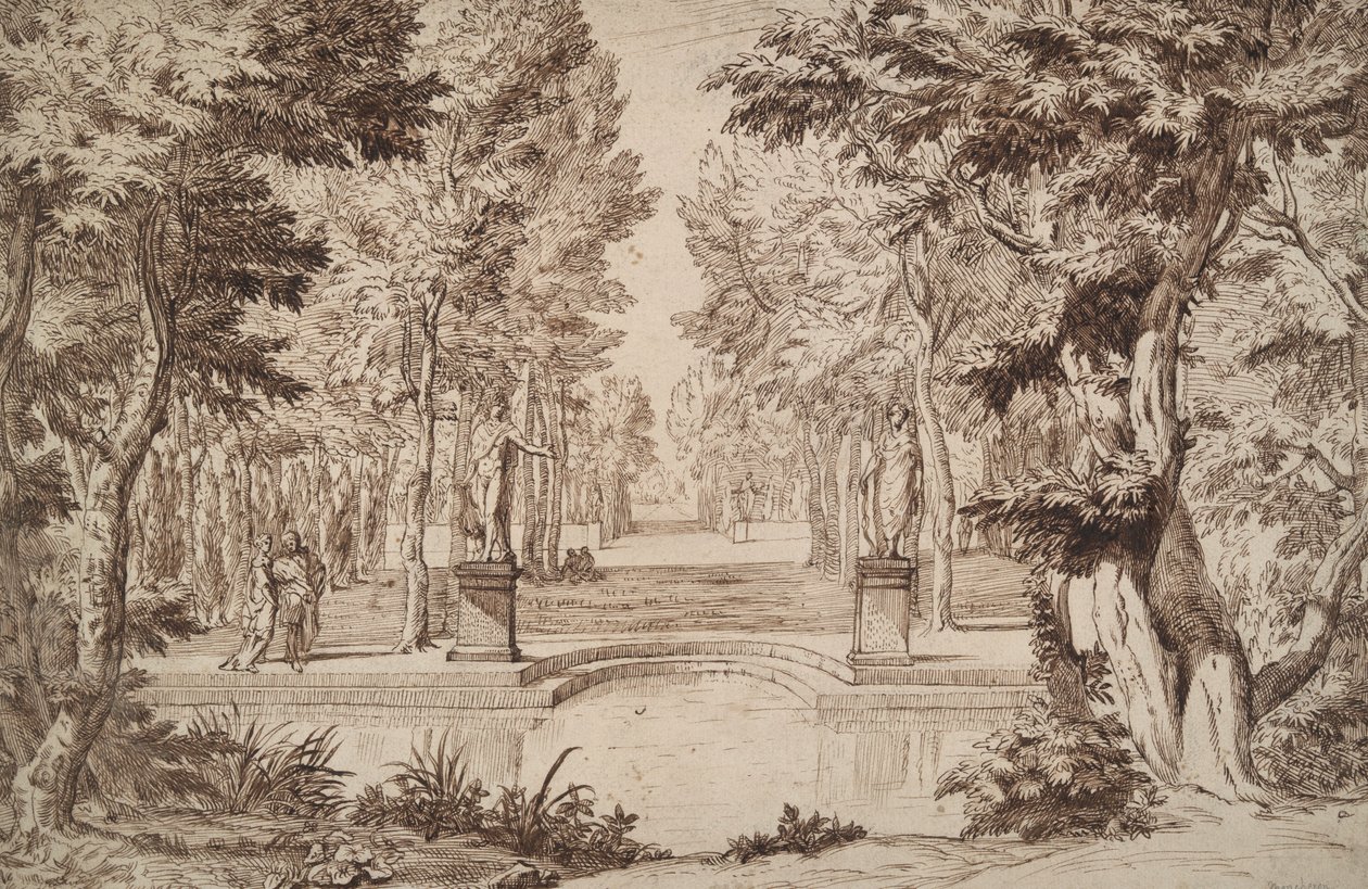Denkbeeldig uitzicht op een park met beelden en koppels door Unknown