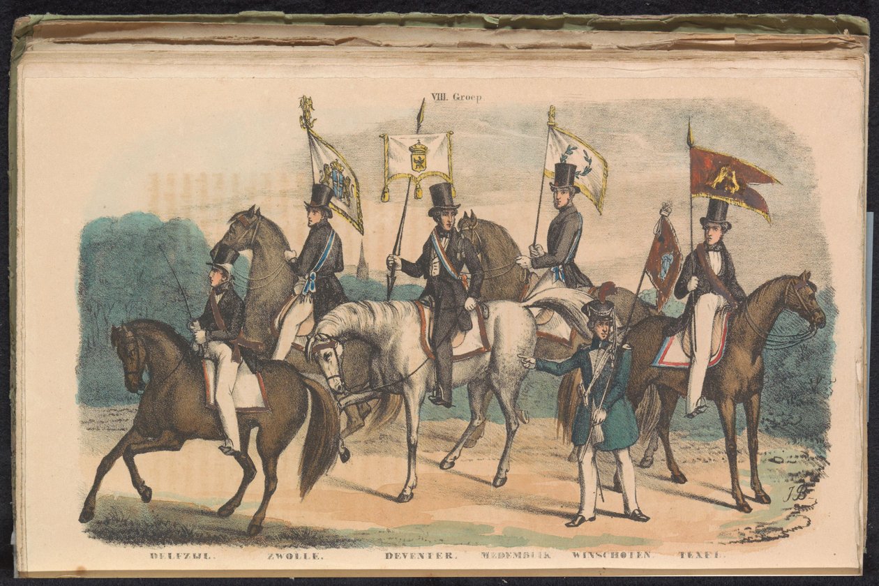 Kostumen en vaandels van de erewachten van Delfzijl, Zwolle, Deventer, Medemblik, Winschoten en Texel, 1840-1842 door Unknown