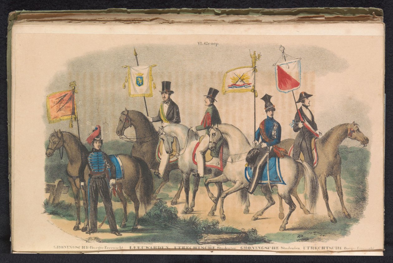 Kostumen en vaandels van de erewachten van Groningen, Leeuwarden en Utrecht, 1840-1842 door Unknown