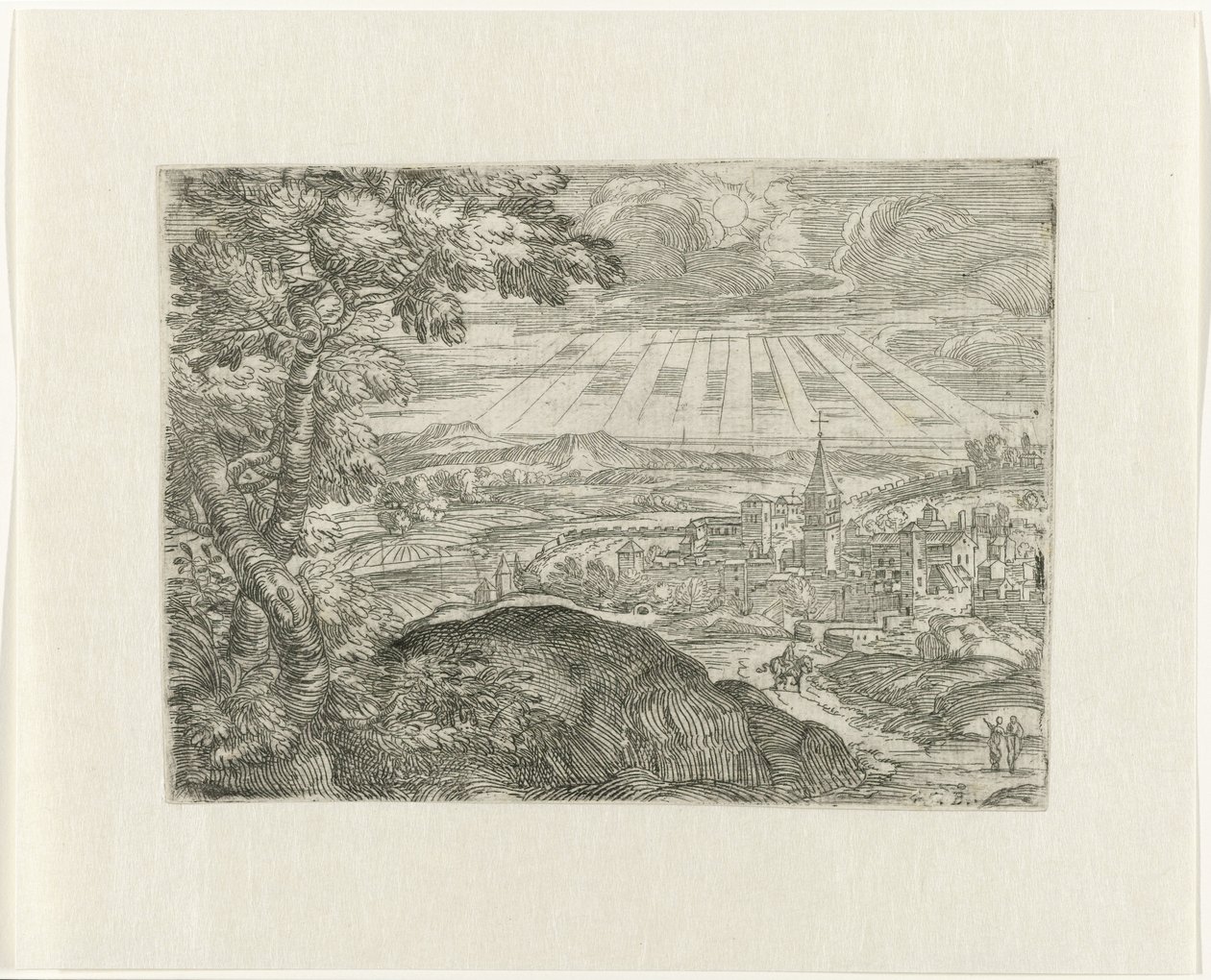 Landschap met stadszicht en stralende zon door Unknown
