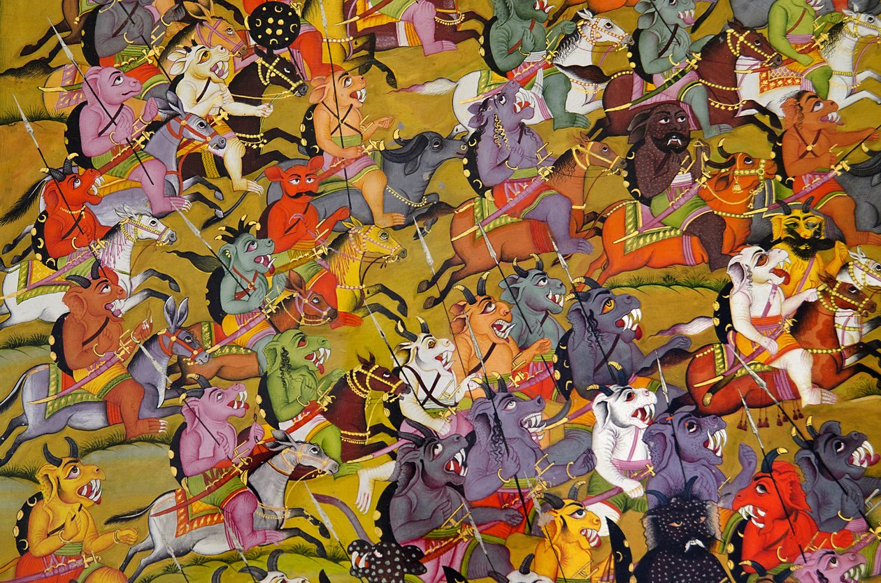 Marwar schilderij: Detail van De demonen bereiden zich voor op de strijd tegen de godin Durga, Mehrangarh Fort paleismuseum, Jodhpur, Rajasthan, India door Unknown