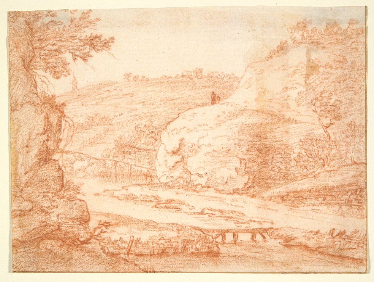 Bergachtig landschap met stroom door Unknown