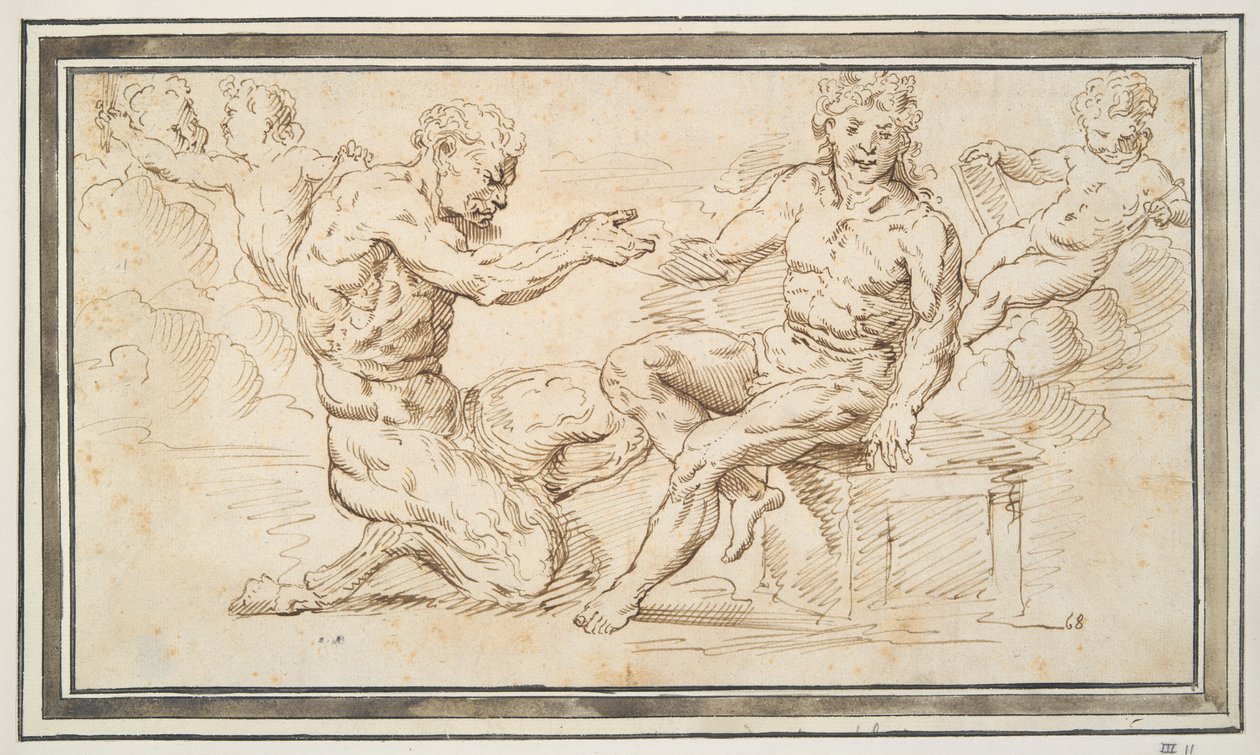 Sater en Jonge Man Zittend met Putti door Unknown