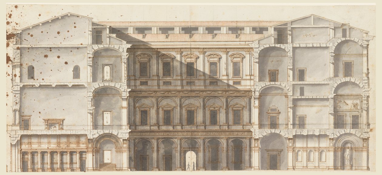 Sectie van de Vleugels en Elevatie van een Muur aan de Hof, Palazzo Farnese, Rome door Unknown