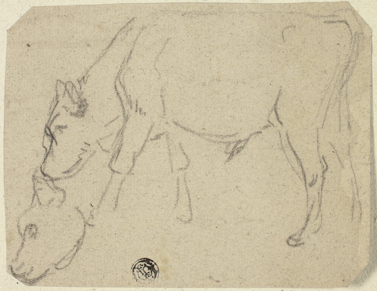 Schetsen van grazende stier, koeienkop (recto); zittende koe in profiel (verso) door Unknown