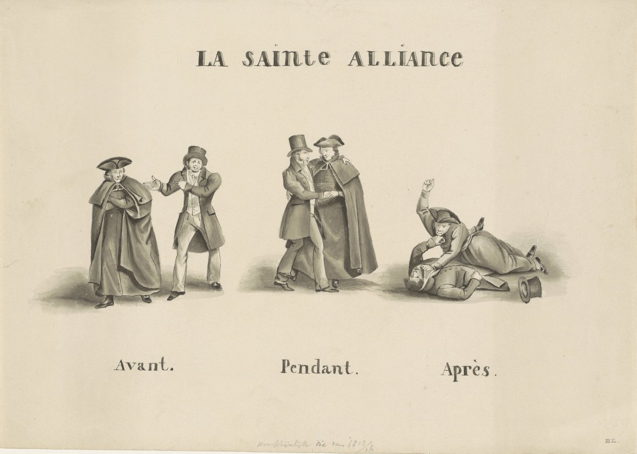 Spotprent op de alliantie gesloten tussen de roomse klerikale partij en de liberale partij tegen de Nederlandse regering, 1828 door Unknown