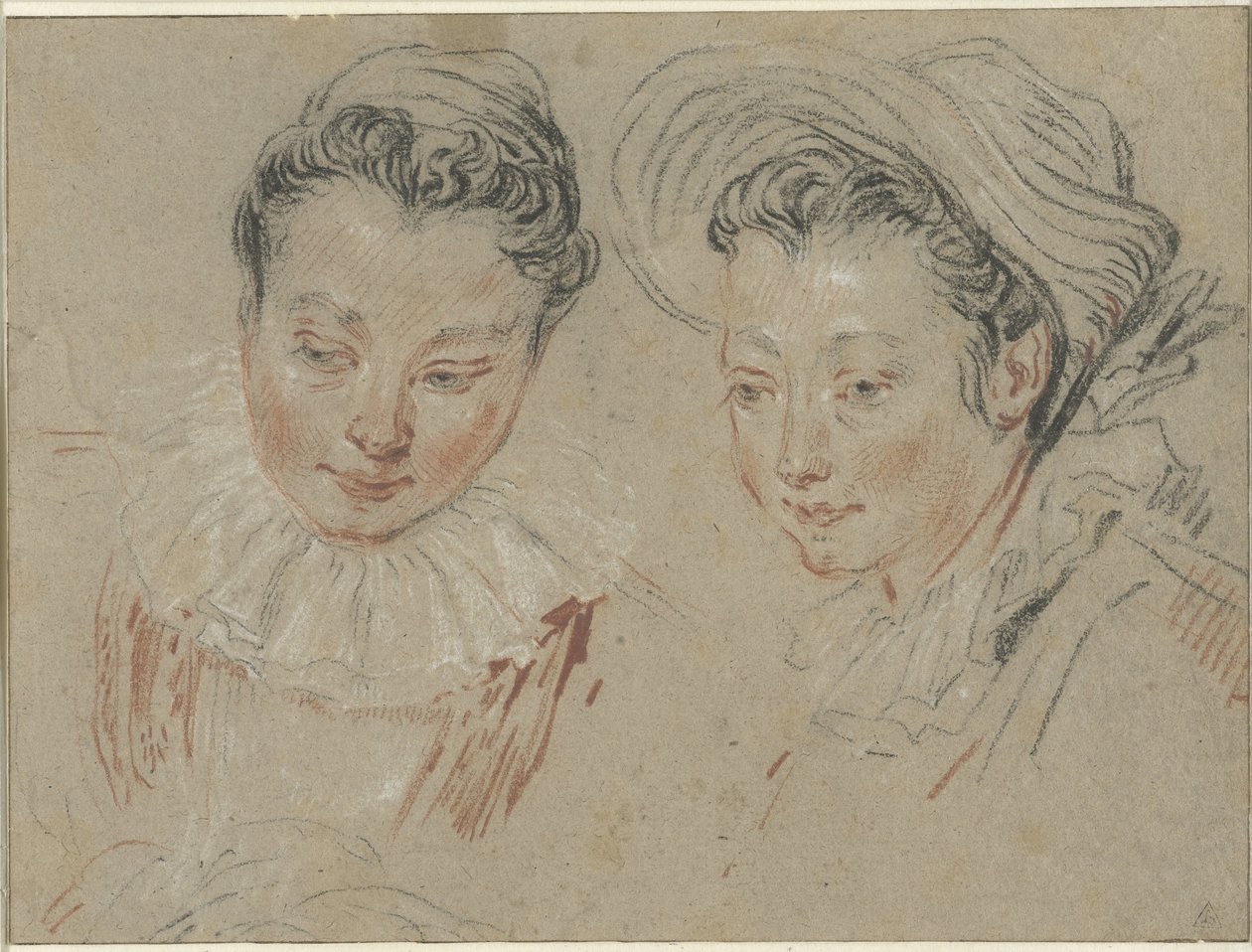 Studieblad met twee meisjeskoppen, het rechter met een stroohoed door Unknown