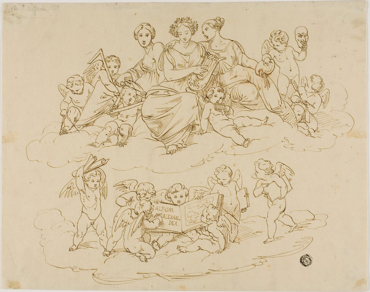 De drie muzen (Urania, Terpsichore en Thalia) met putti door Unknown