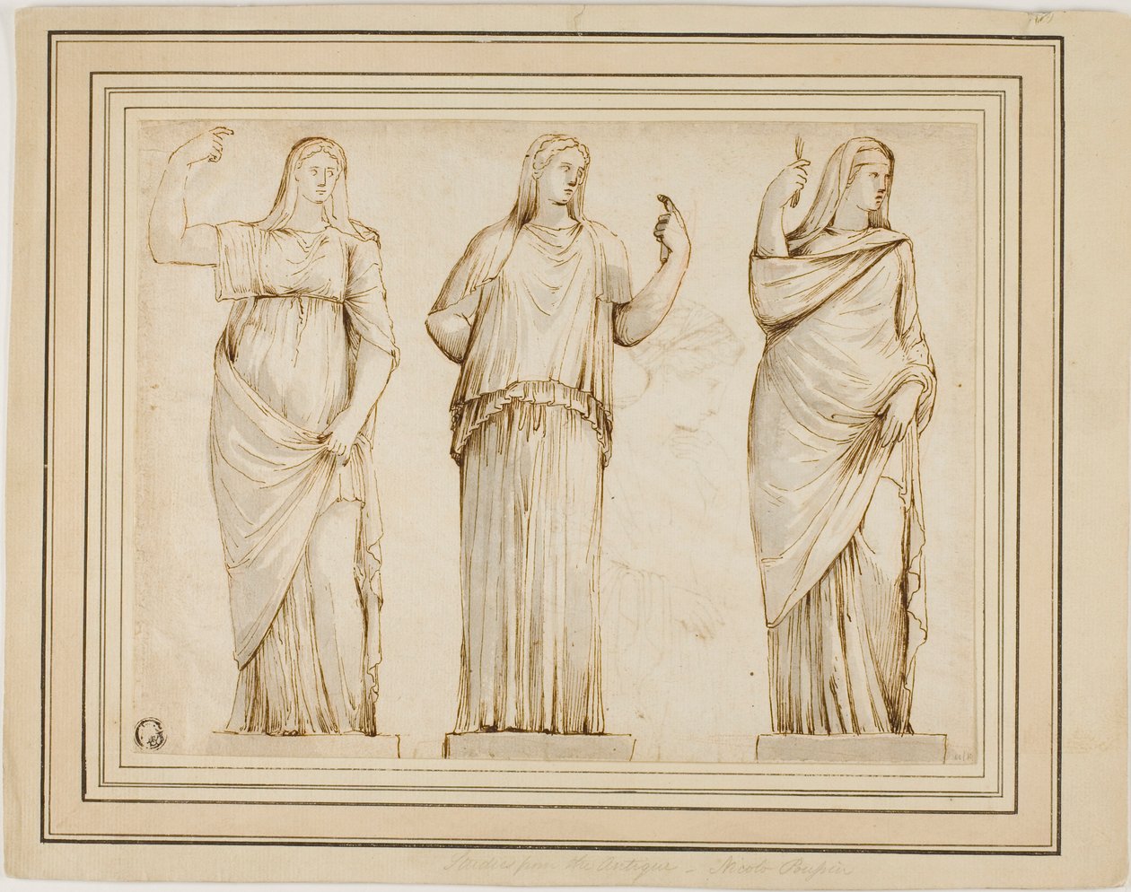 Drie Romeinse Beelden van Gedrapeerde Vrouwelijke Figuren en Schets van een Ander Standbeeld in Profiel naar Rechts door Unknown