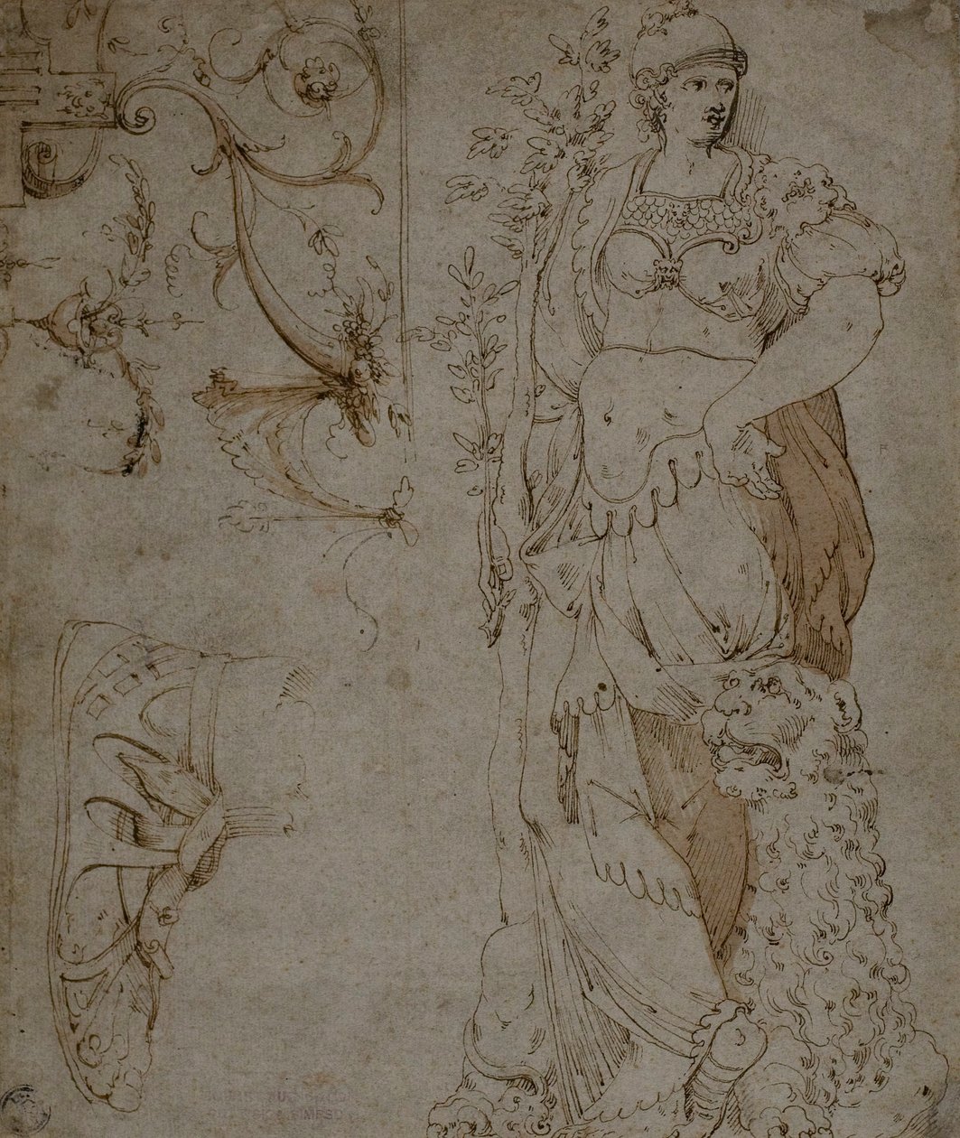 Drie schetsen: Fortitude, een sandaal, en grotesken (recto); Schetsen van grotesken, en Romeinse kuras (verso) door Unknown