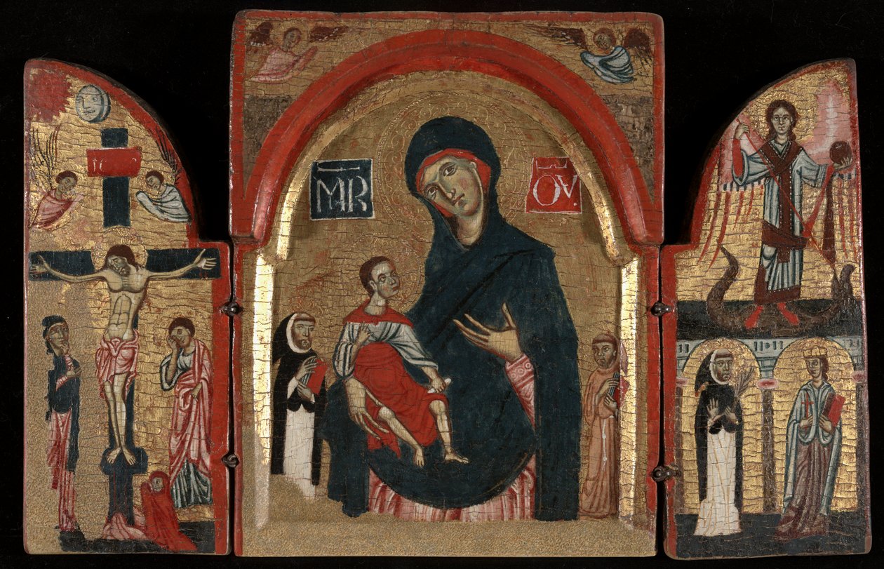 Drieluik: Maagd en Kind met Heiligen Dominicus en Franciscus; De Kruisiging; Sint-Michiel met Heiligen Petrus Martelaar en Catharina van Alexandrië door Unknown