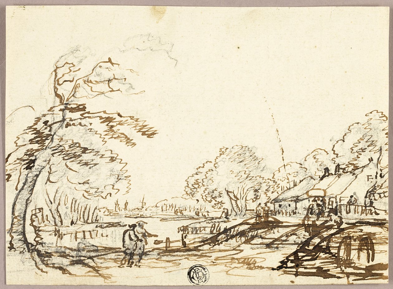 Twee figuren langs rivier bij bruggen en huizen (recto); Twee figuren op brug kijkend naar man in punt (verso) door Unknown