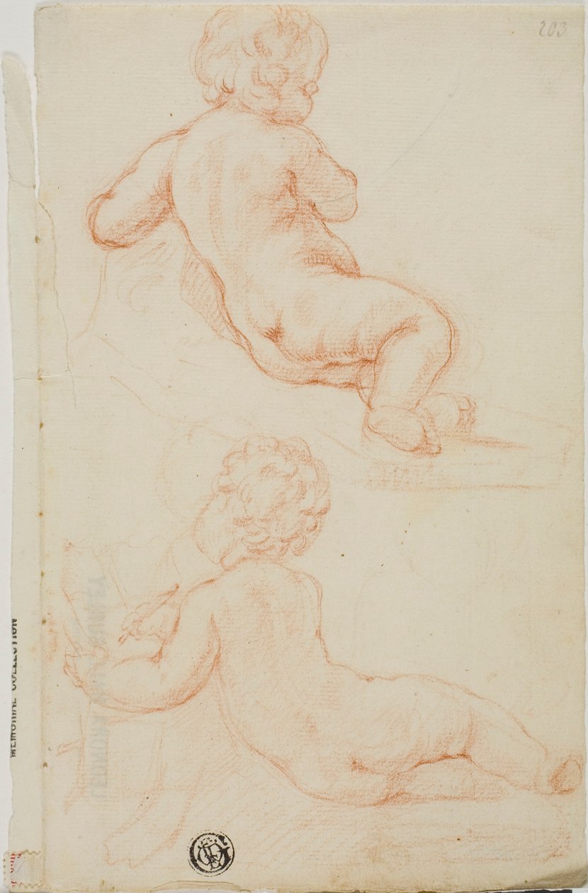 Twee putti van achteren gezien, een schrijvend door Unknown