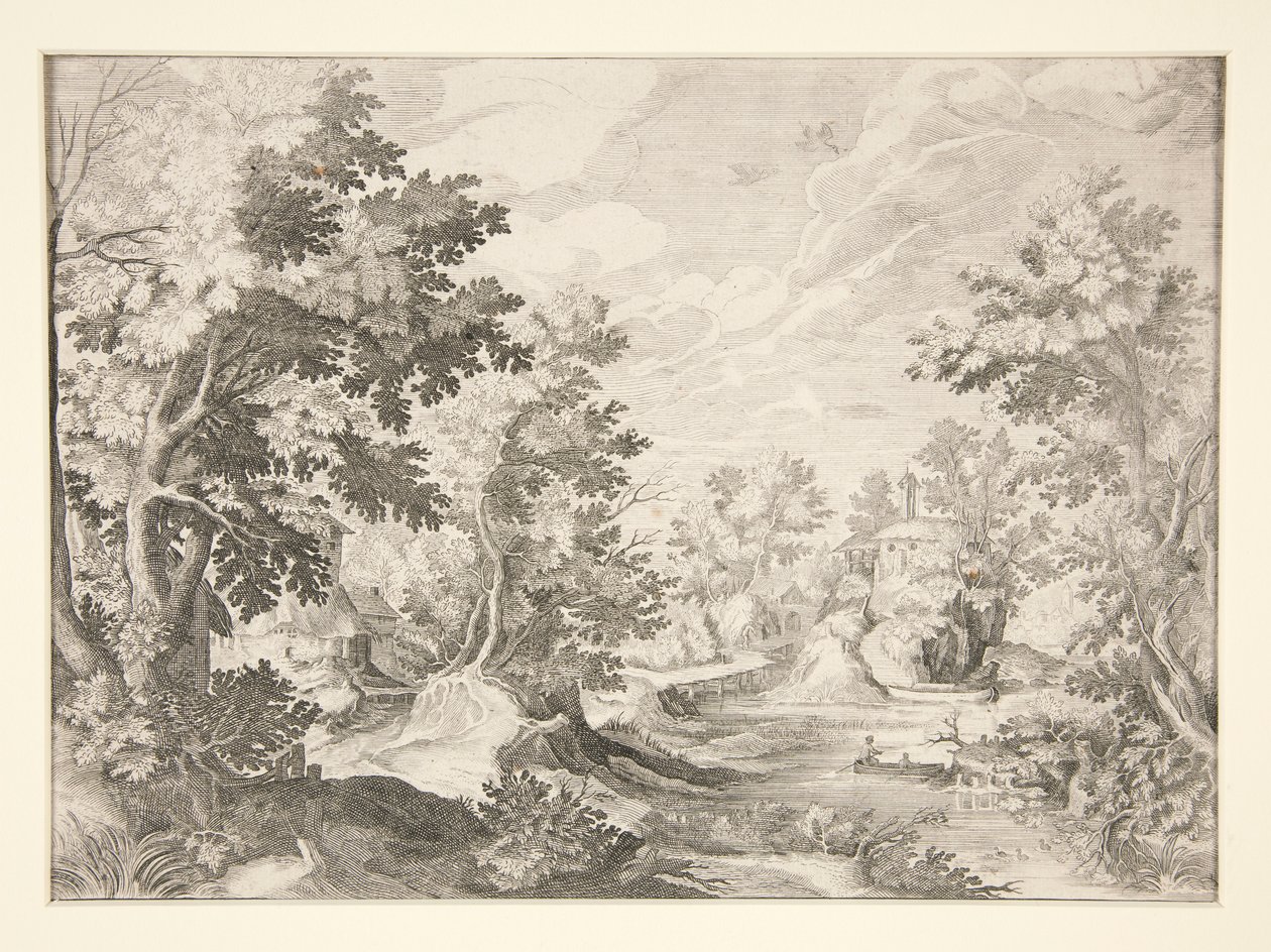 Zonder titel (Landschap met figuren in boot op de voorgrond) door Unknown