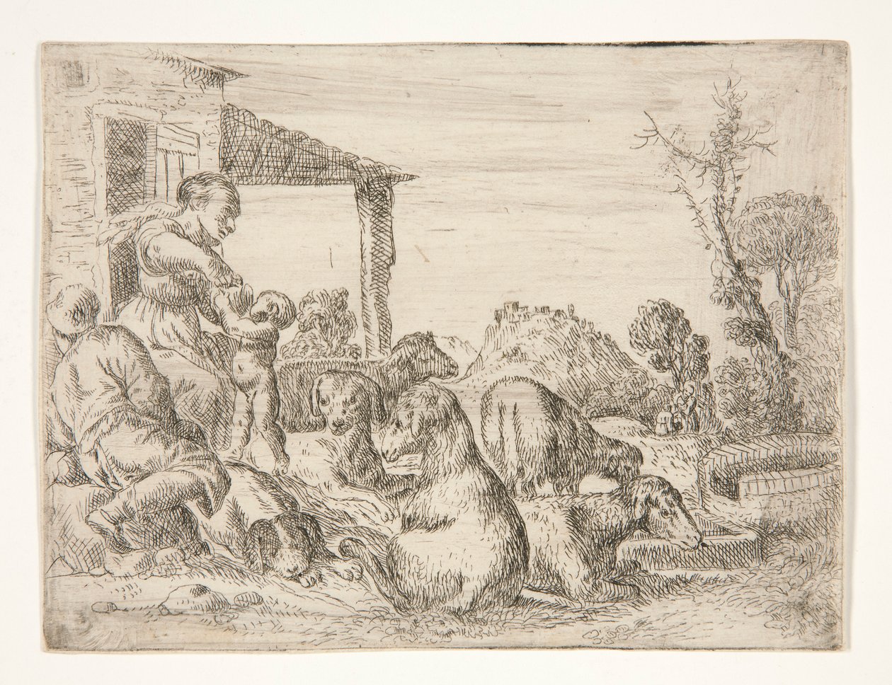 Zonder titel (Boerenfamilie met honden en lammeren in een landschap) door Unknown