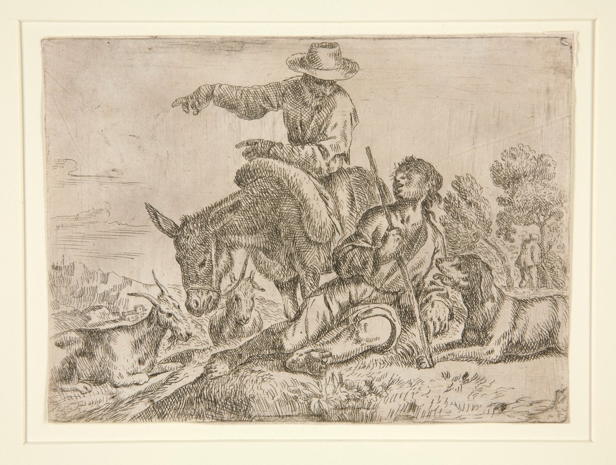 Zonder titel [Man op ezel in gesprek met herder] door Unknown