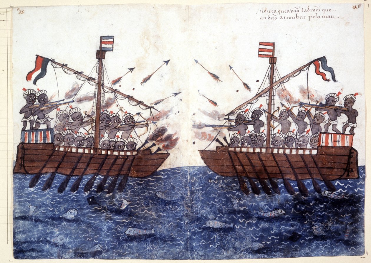 16e-eeuwse gravure die de ontmoeting met een piratenschip in de Indische Oceaan voorstelt. Rome biblioteca Casantense. door Unknown artist