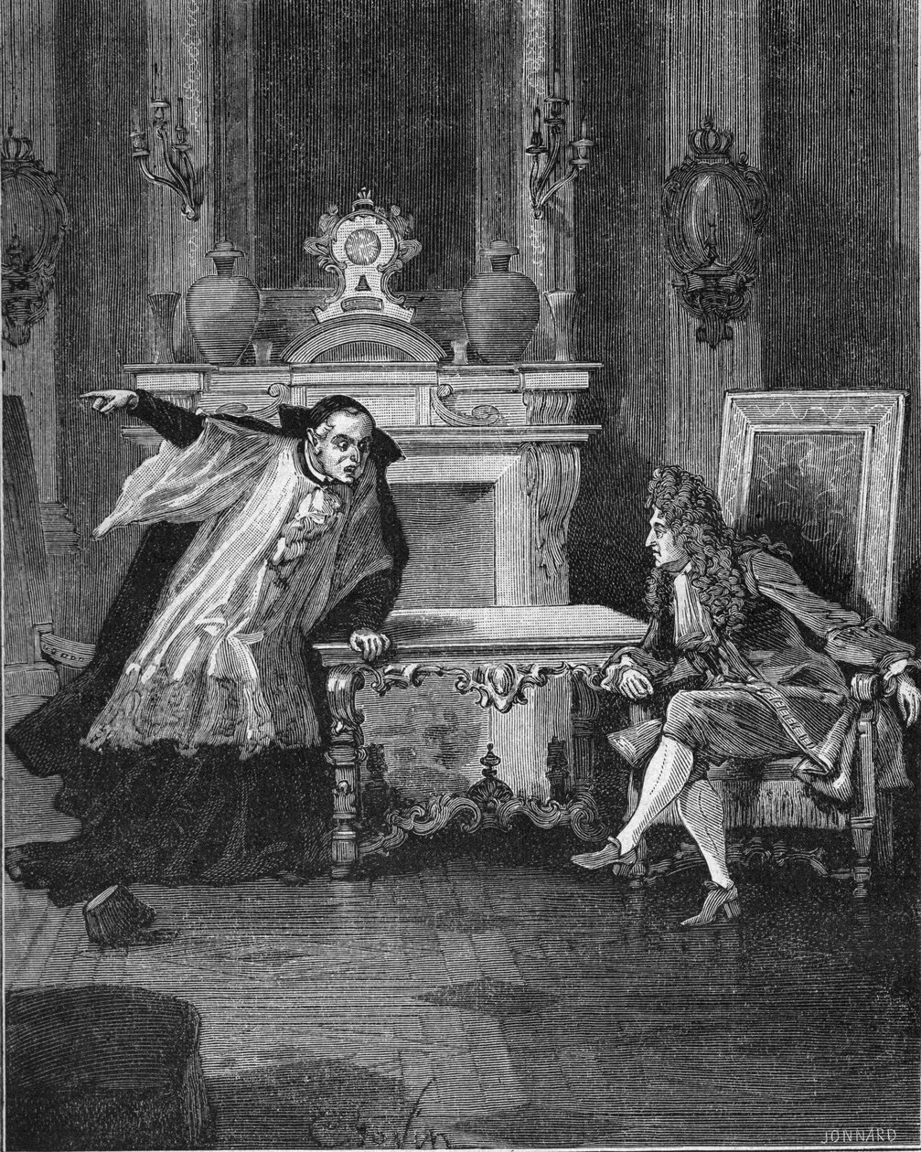 1715: de koning van Frankrijk Lodewijk XIV (1638-1715) hoort de woorden van pater Michel Le Tellier (1643-1719), zijn jezuïet biechtvader. Gravure uit de 19e eeuw. In 
