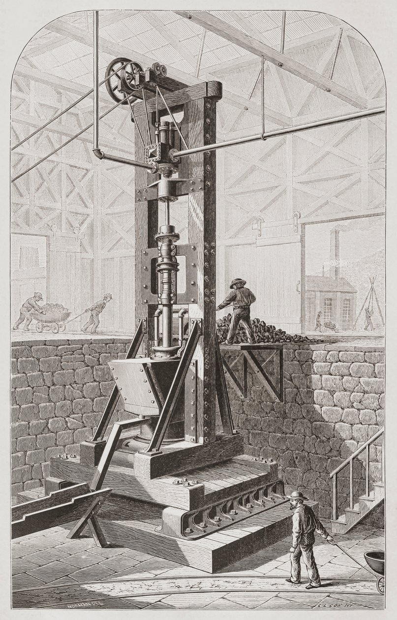 19e-eeuwse stempelmolen, ook bekend als een stempelbatterij of stempelmachine door Unknown artist