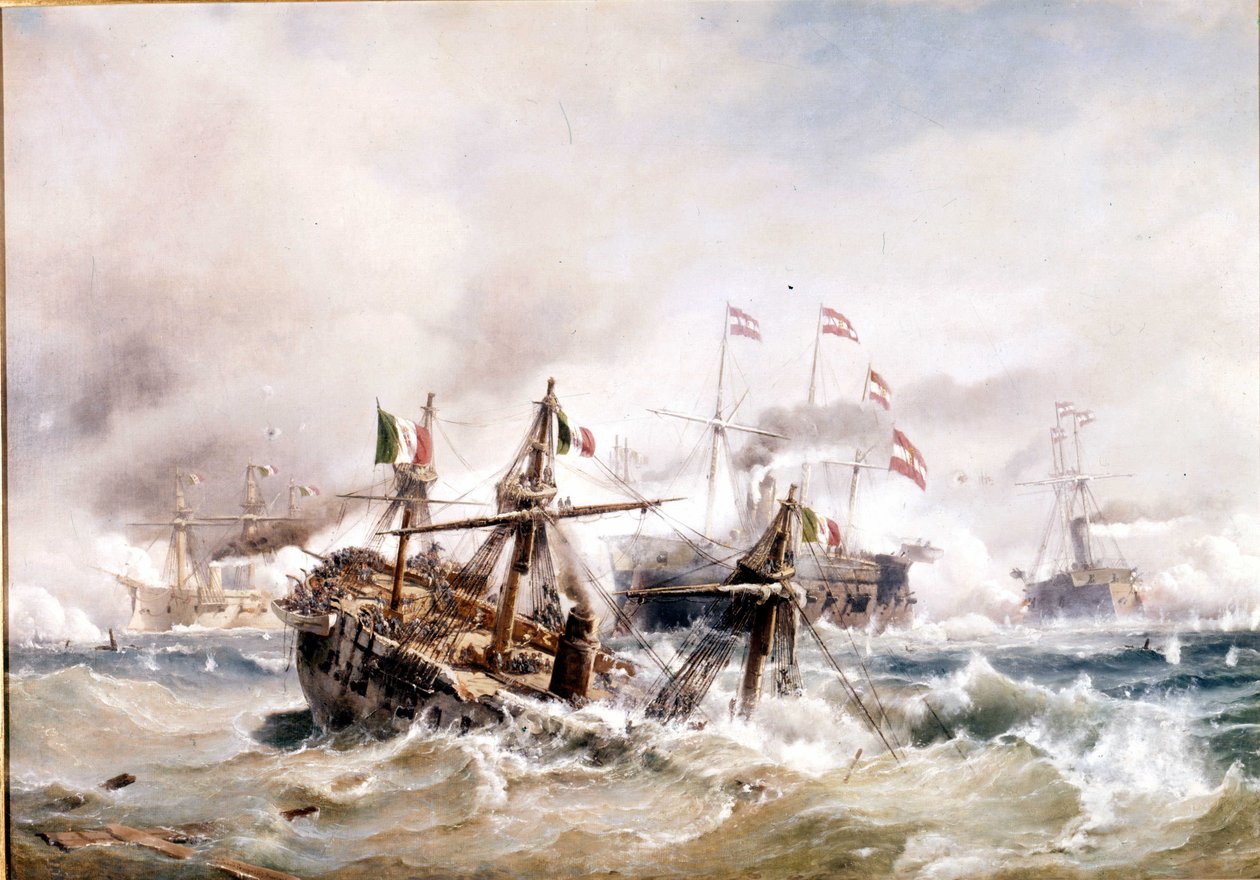 20/07/1866: Slag bij Lissa voor de kust van Dalmatië: de Oostenrijkers vernietigen de Italiaanse vloot. door Unknown artist