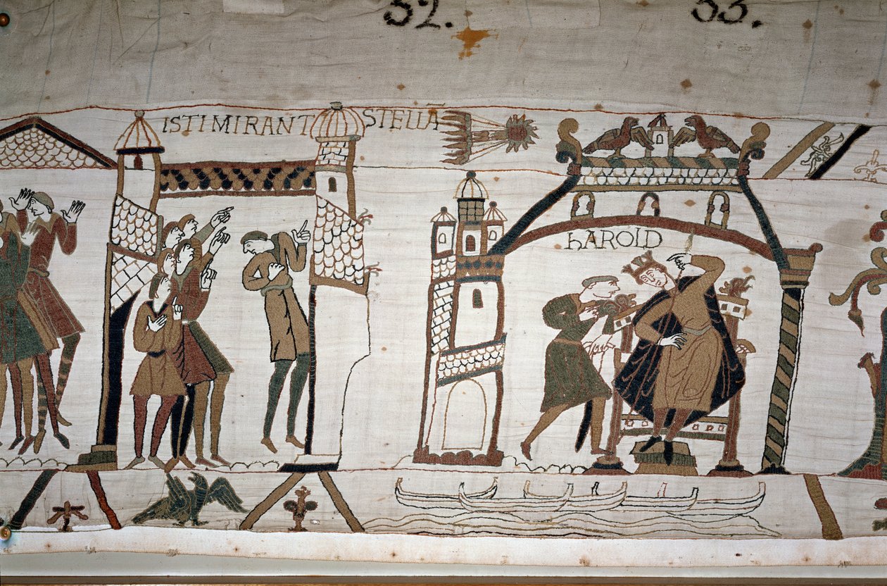 32: De verschijning van de komeet; 33: Een boodschapper waarschuwt koning Harold II (1022 - 1066) - Tapijt van Bayeux, bekend als Borduurwerk van Koningin Mathilde door Unknown artist