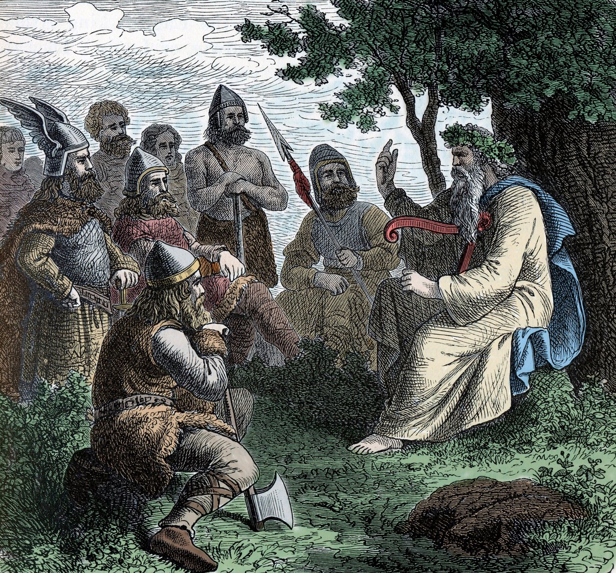 Een bard die voordraagt aan Noormannen - Vikingbeschaving: Een bard druïde draagt poëzie voor aan krijgers, 8e-9e eeuw door Unknown artist