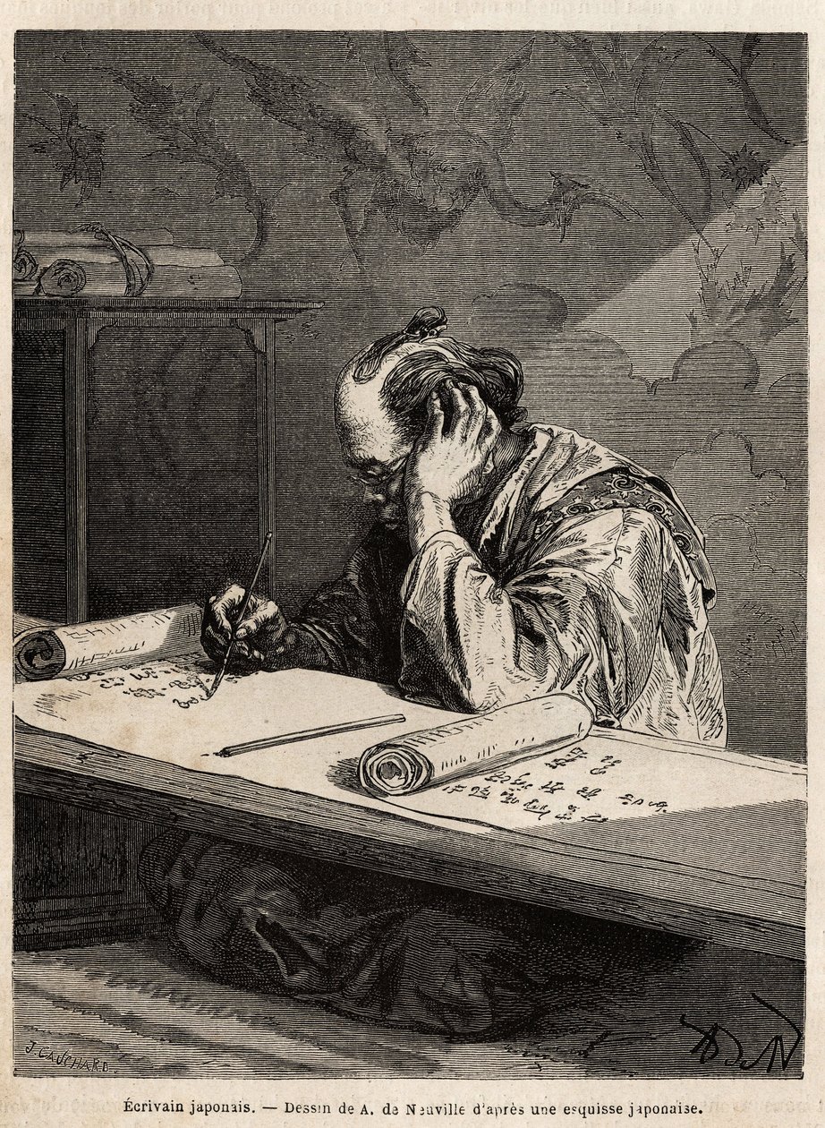 Een Japanse schrijver aan zijn werktafel, bewerkt een tekst op een lange rol die hij oprolt of afrolt naargelang de voortgang van zijn taak. Gravure ter illustratie van de reis naar Japan, in 1863-1864, door Aime Humbert, minister van de Zwitserse Confeder door Unknown artist