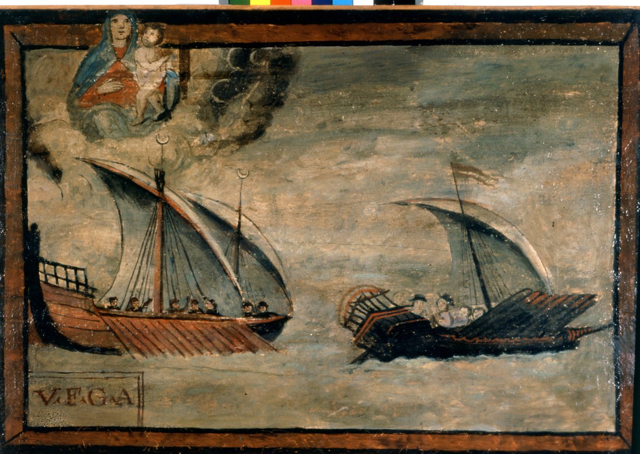 Een Turkse galei achtervolgt een galei van het Koninkrijk Napels. Ex-voto uit de 17e eeuw. Kerk van de Madonna dell