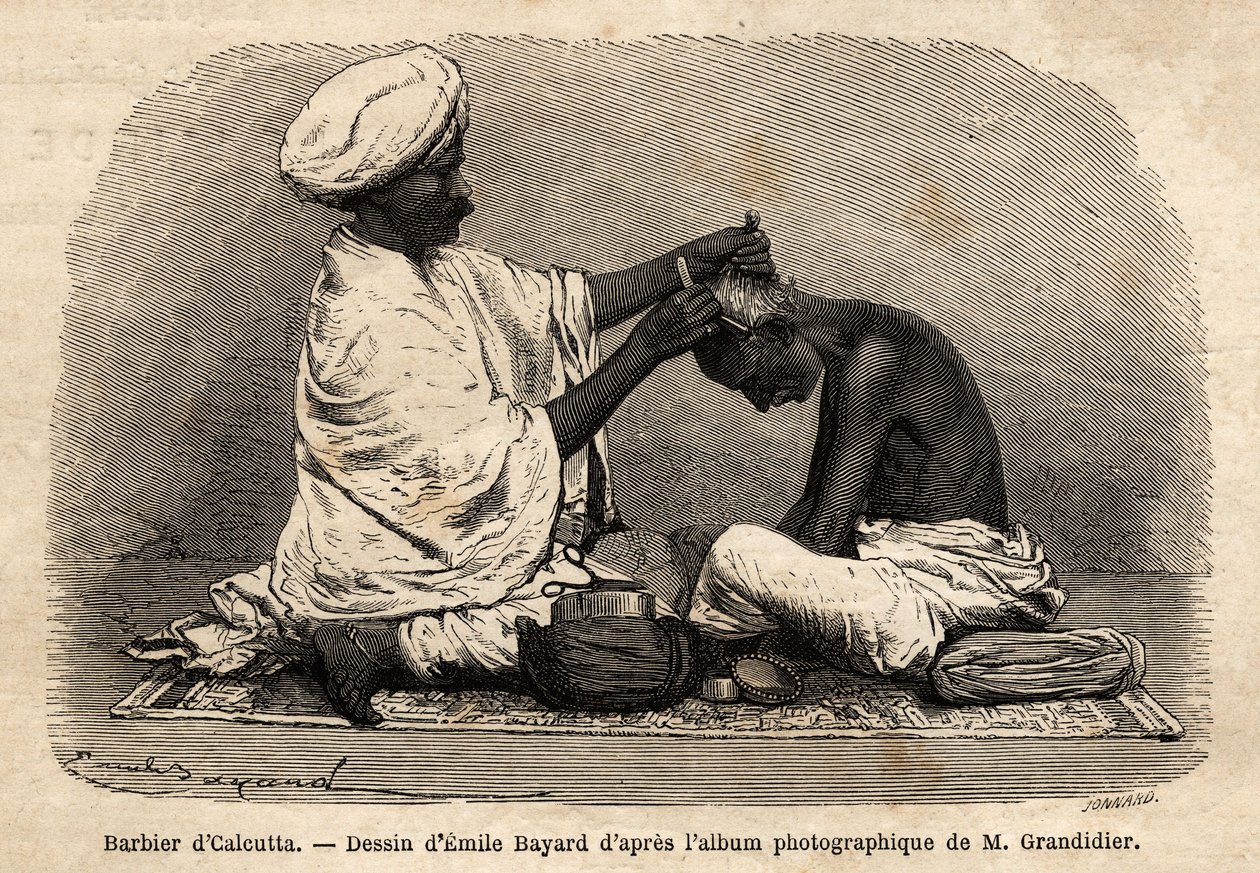Een barbier aan het werk in de straten van Calcutta. Gravure ter illustratie van de reis in de zuidelijke provincies van India, door Alfred Grandidier, in 1862-1864, gepubliceerd in Le tour du monde, nouveau journal des voyages, onder redactie van Edouard  door Unknown artist