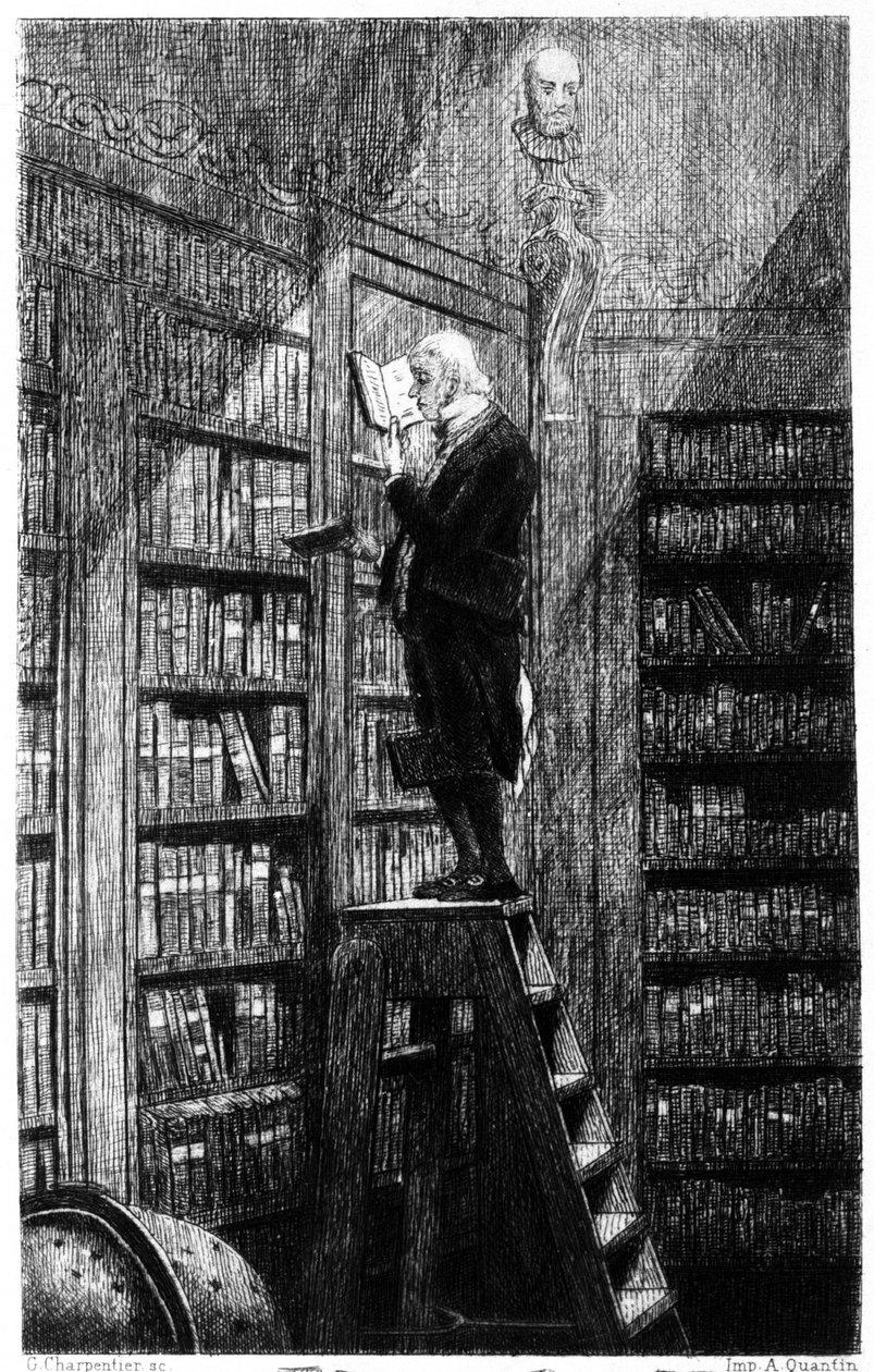 Een bibliothecaris op zijn ladder die boeken op planken onderzoekt. Gravure uit de 19e eeuw door Unknown artist