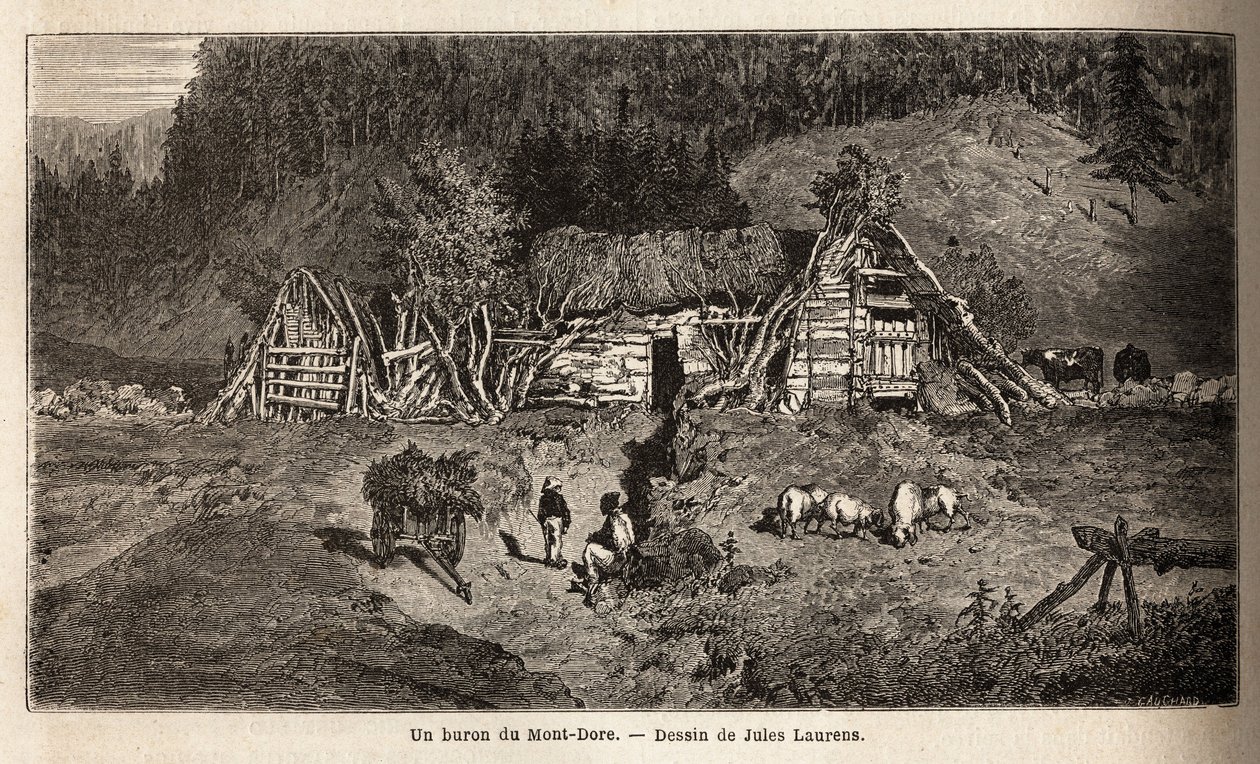 Een buron van Mont-Dore (Mont Dore), een gebouw gelegen in de bergweiden van centraal Frankrijk, dat seizoensgebonden opereert, gebruikt om kaas te maken van mei tot oktober en om koeien te huisvesten. Gravure ter illustratie van de reis naar de vulkanen v door Unknown artist