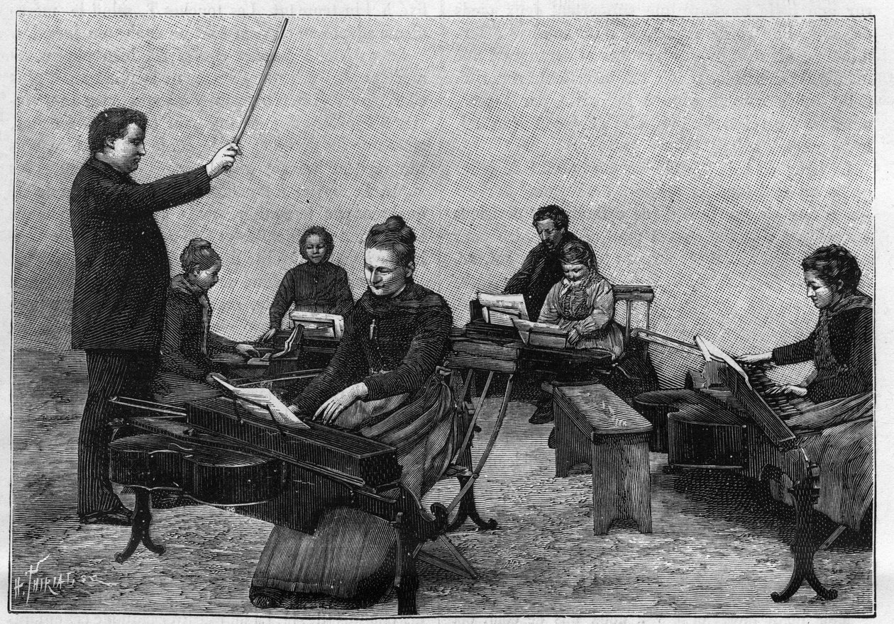 Een concert van monocords uitgevoerd door jonge meisjes. Gravure in 