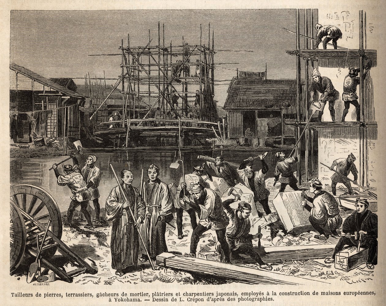 Een bouwplaats voor een Europees huis in Edo (Tokio) met steenhouwers, terrassiers, mortelmakers, stukadoors en timmerlieden die daar werken. Gravure ter illustratie van de reis naar Japan, door Aime Humbert, minister van de Zwitserse Confederatie, in 1863 door Unknown artist