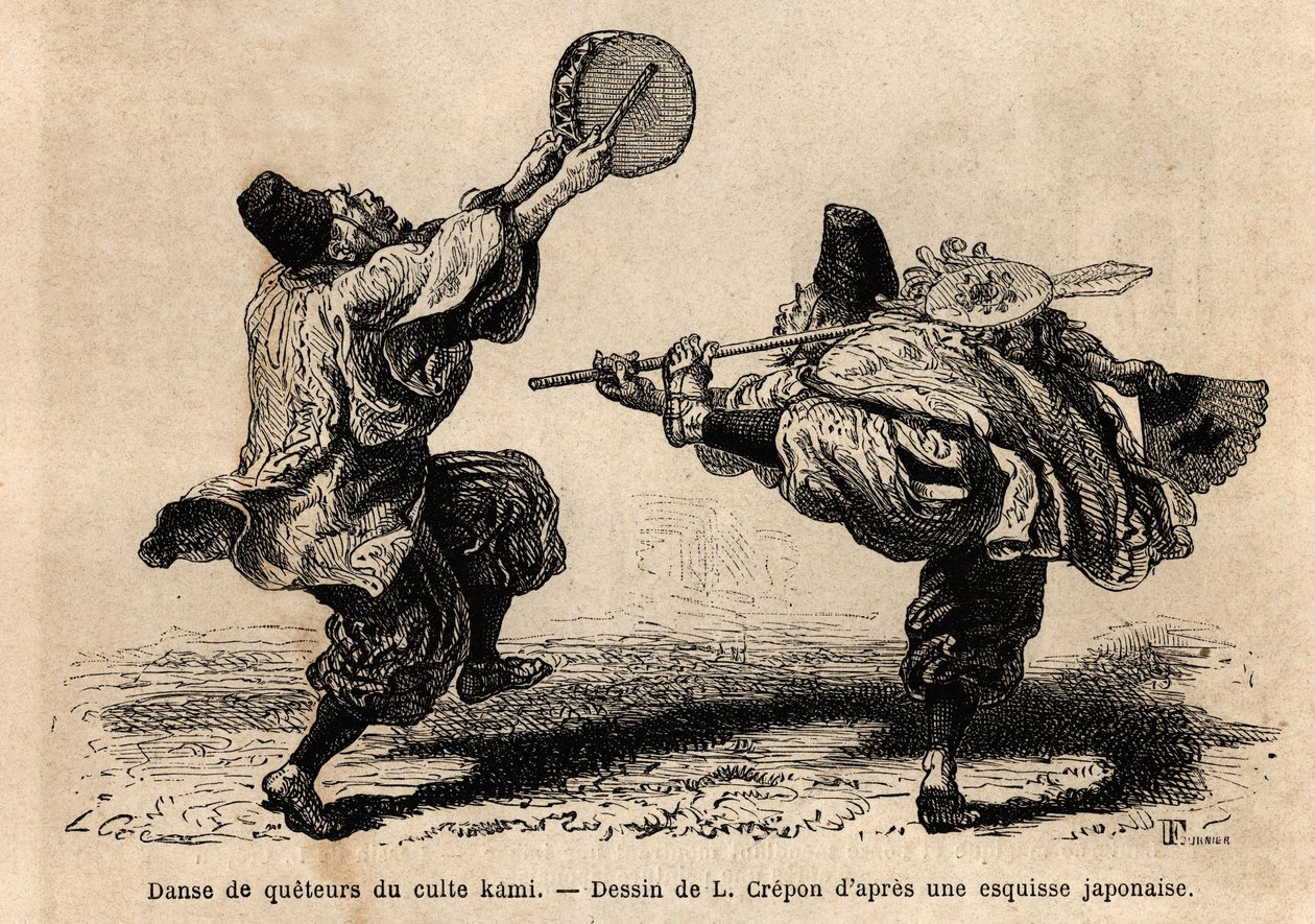 Een dans van de confery van de Kami-cultus, met recitatie van litanieën en onverwachte choreografische figuren. Gravure ter illustratie van de reis naar Japan, door Aime Humbert, minister van de Zwitserse Confederatie, in 1863-1864, gepubliceerd in 