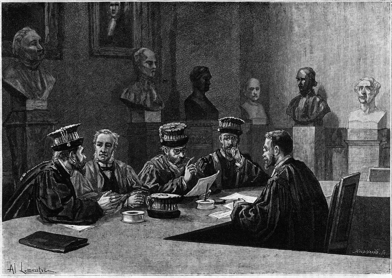 Een verdediging van deze uit de medische school van het Latijnse Kwartier in Parijs. Gravure in 