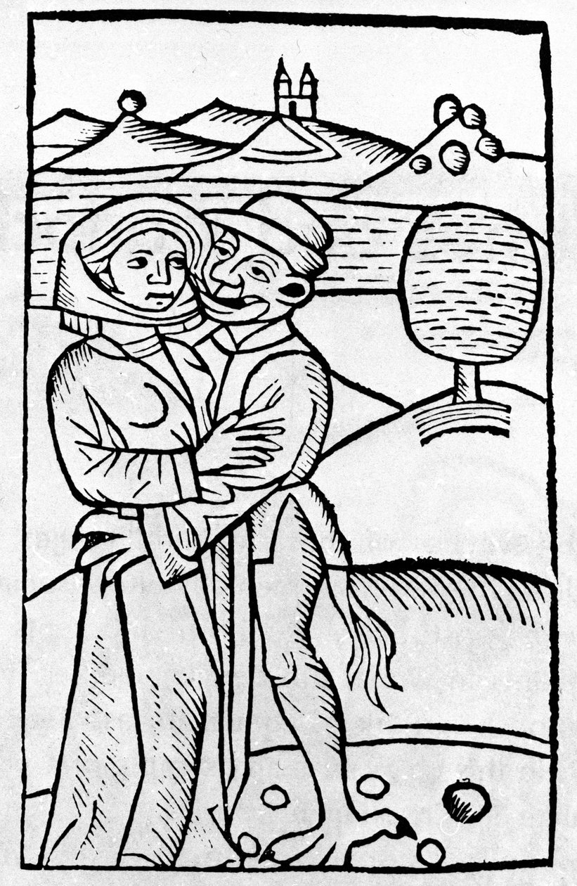Een demon kust een heks. 16e-eeuwse Duitse xylografie door Unknown artist
